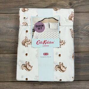 Cath Kidston Queen Sheet Set Acorn Squirrel Cream 100% Cotton 200TC Percale NEW